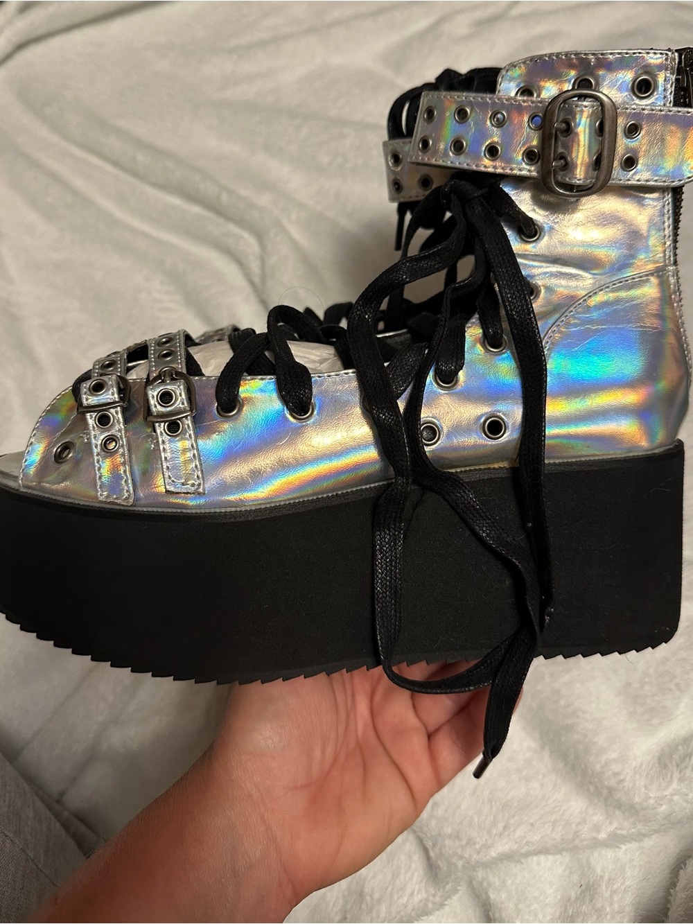 Demonia Holographic Silver Black Lace-Up Platform Sandals GRIP105/SHGVL Vegan - Picture 3 of 7